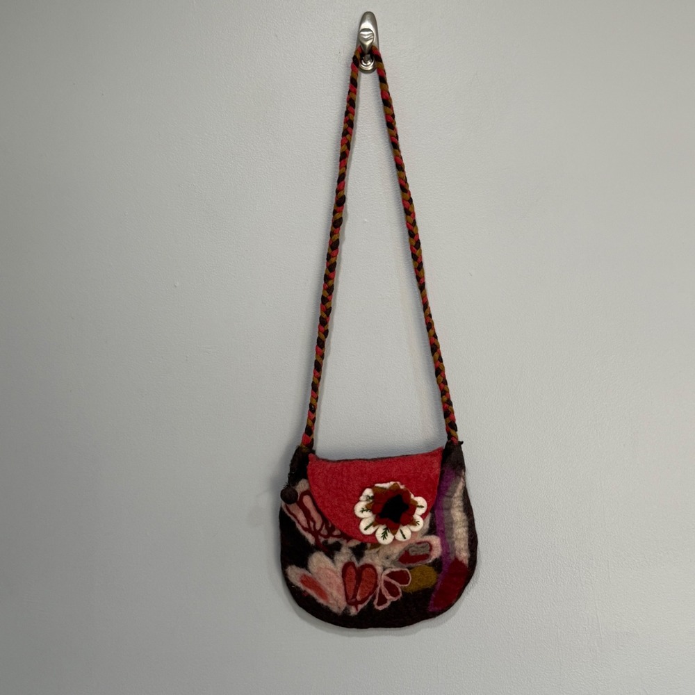 Rising Tide Wool Felt Floral Crossbody Bag Boho Braided Strap Made in Nepal